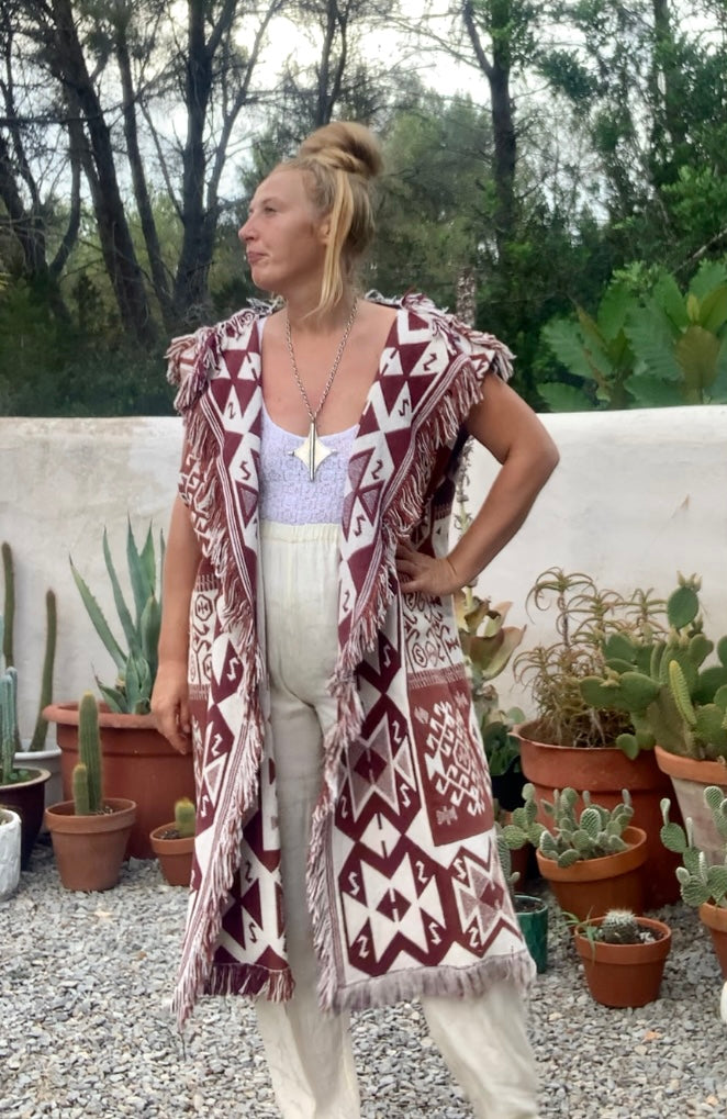 White and brown cotton long Aztec design blanket waistcoat/jackets up-cycled by Vagabond Ibiza.