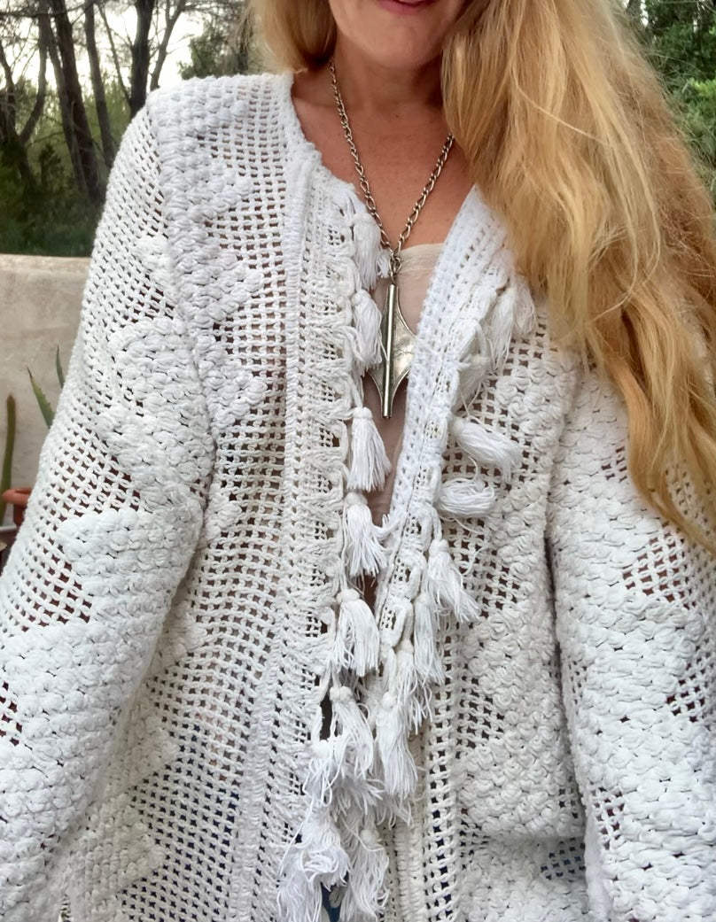 Vintage white crochet jacket with tásales up-cycled by Vagabond Ibiza