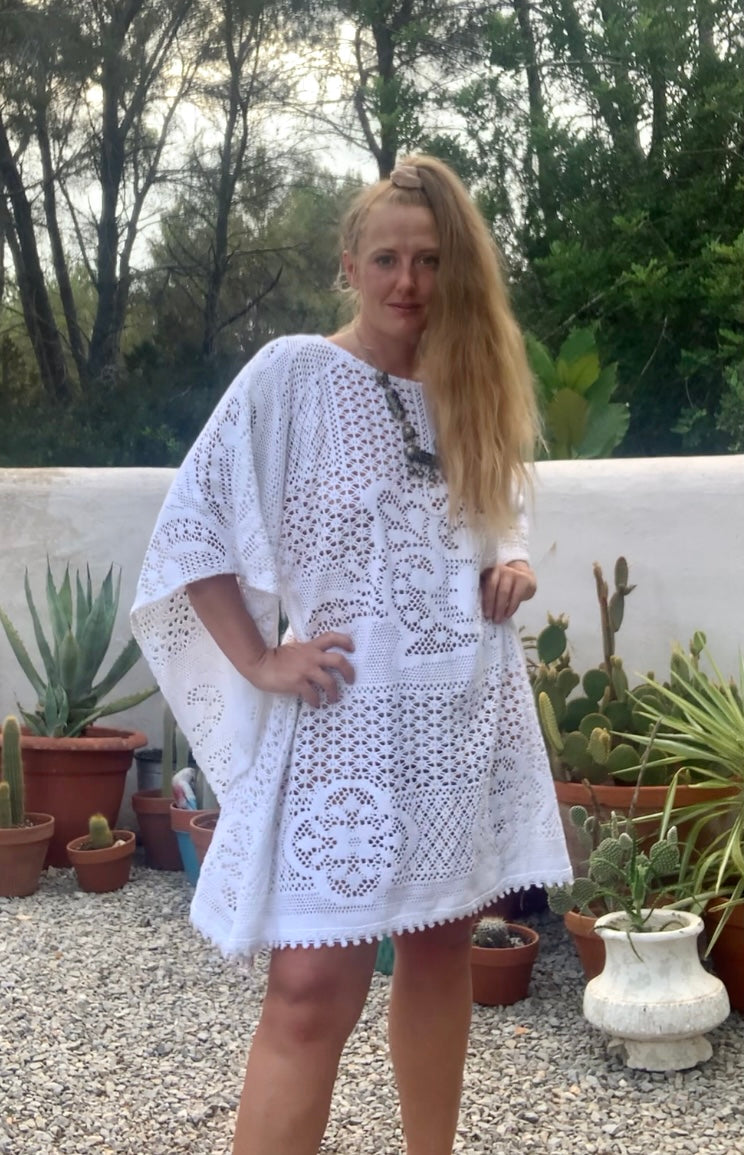 Vintage white handmade crochet lace short bell sleeve dress up-cycled by Vagabond Ibiza