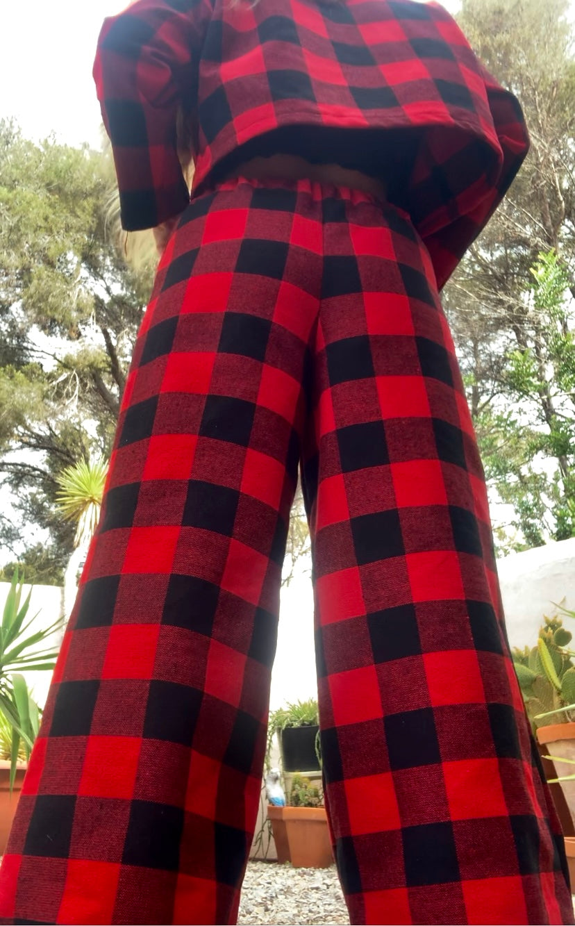 Red and black check vintage dead stock fabric Wide leg pants made by Vagabond Ibiza