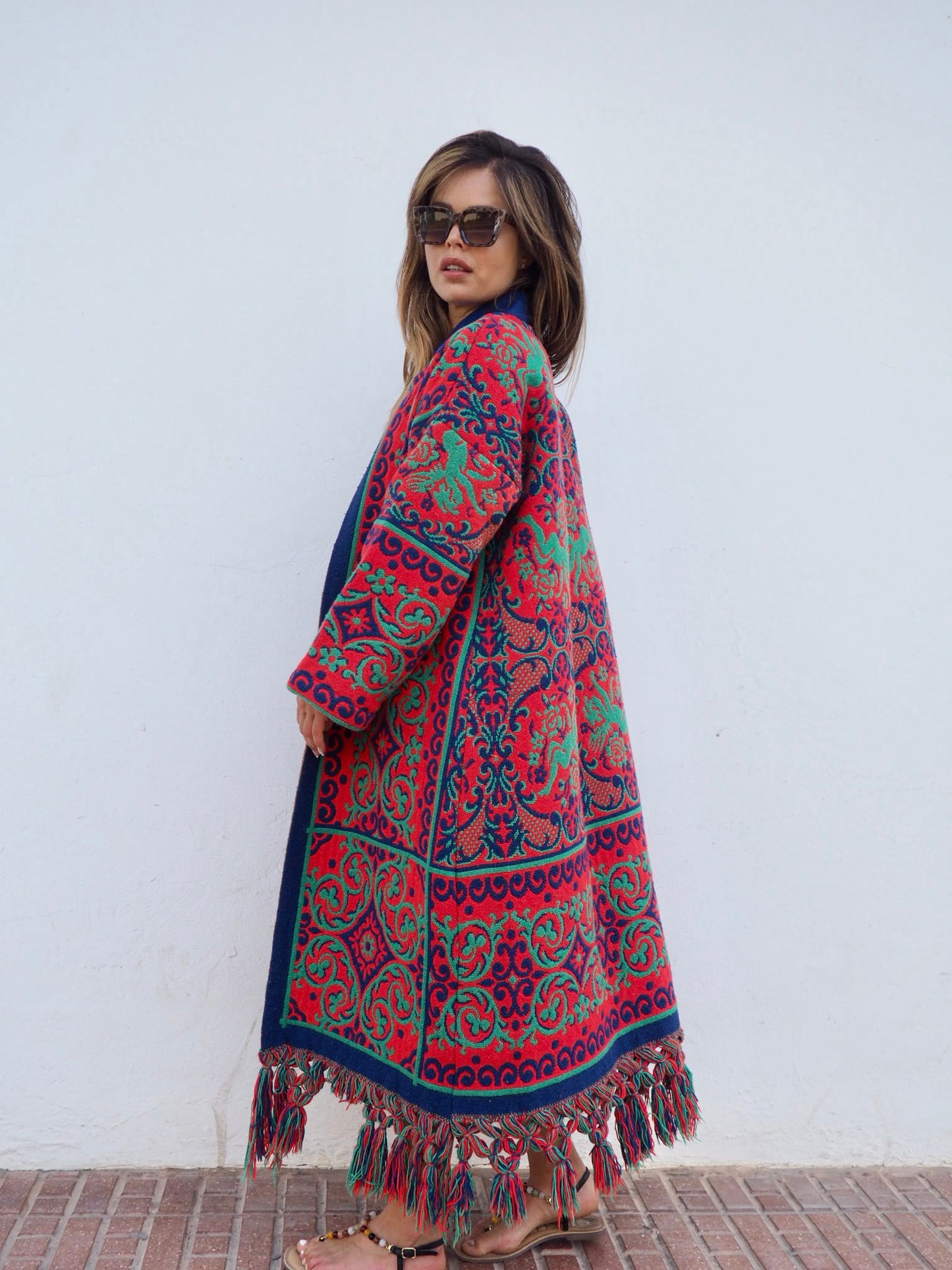 Amazing one off a kind woven tapestry jacket with oversize tassels trimming up-cycled jacket made by Vagabond Ibiza