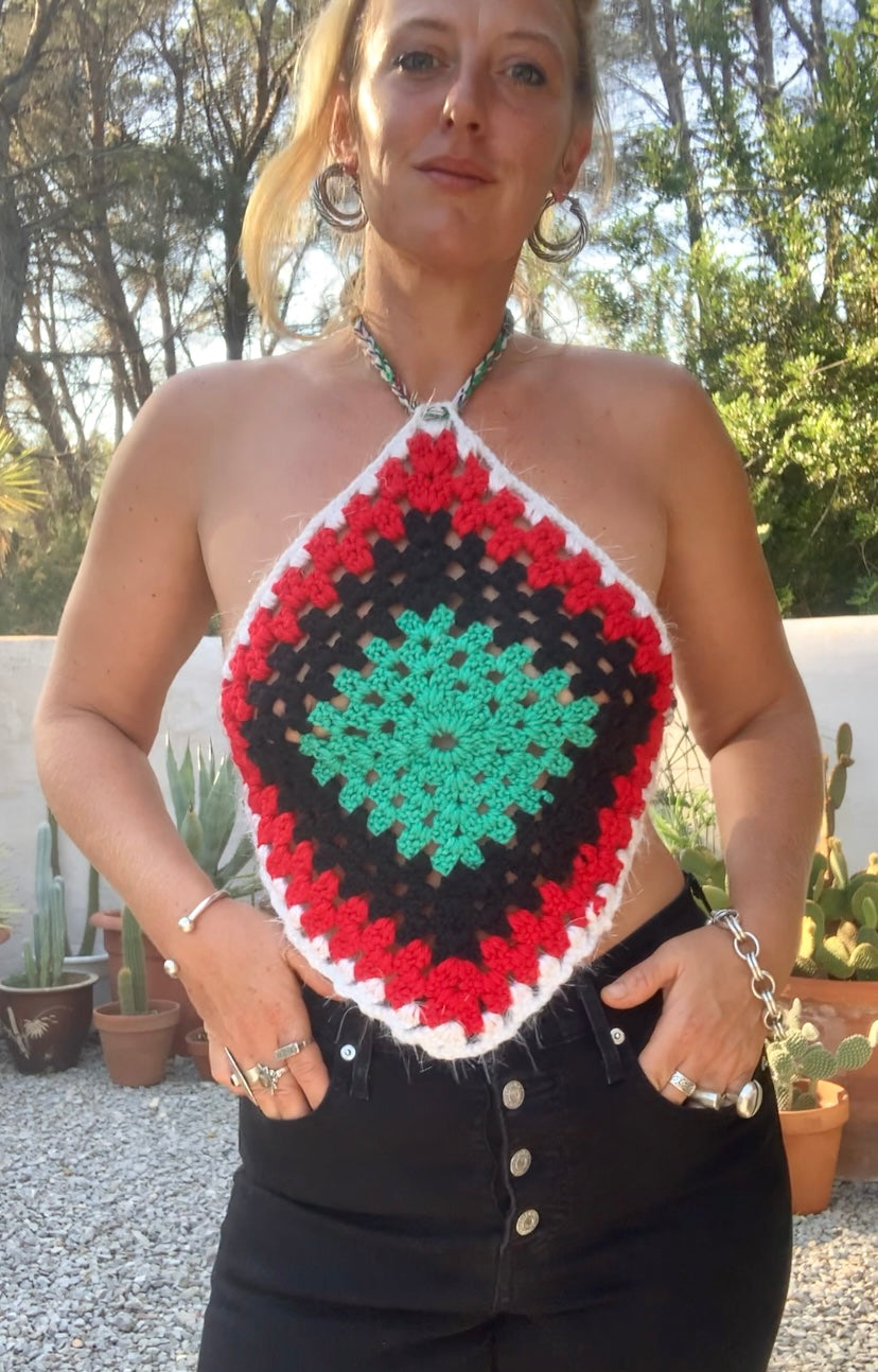 Vintage wool oversized granny square wool tie tops perfect for festivals party and summer time wear over a white shirt in winter