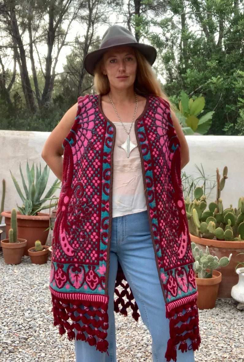 Amazing hand woven English textiles Up-cycled waistcoat jacket made by Vagabond Ibiza with bright pink and blue design and oversized tassels