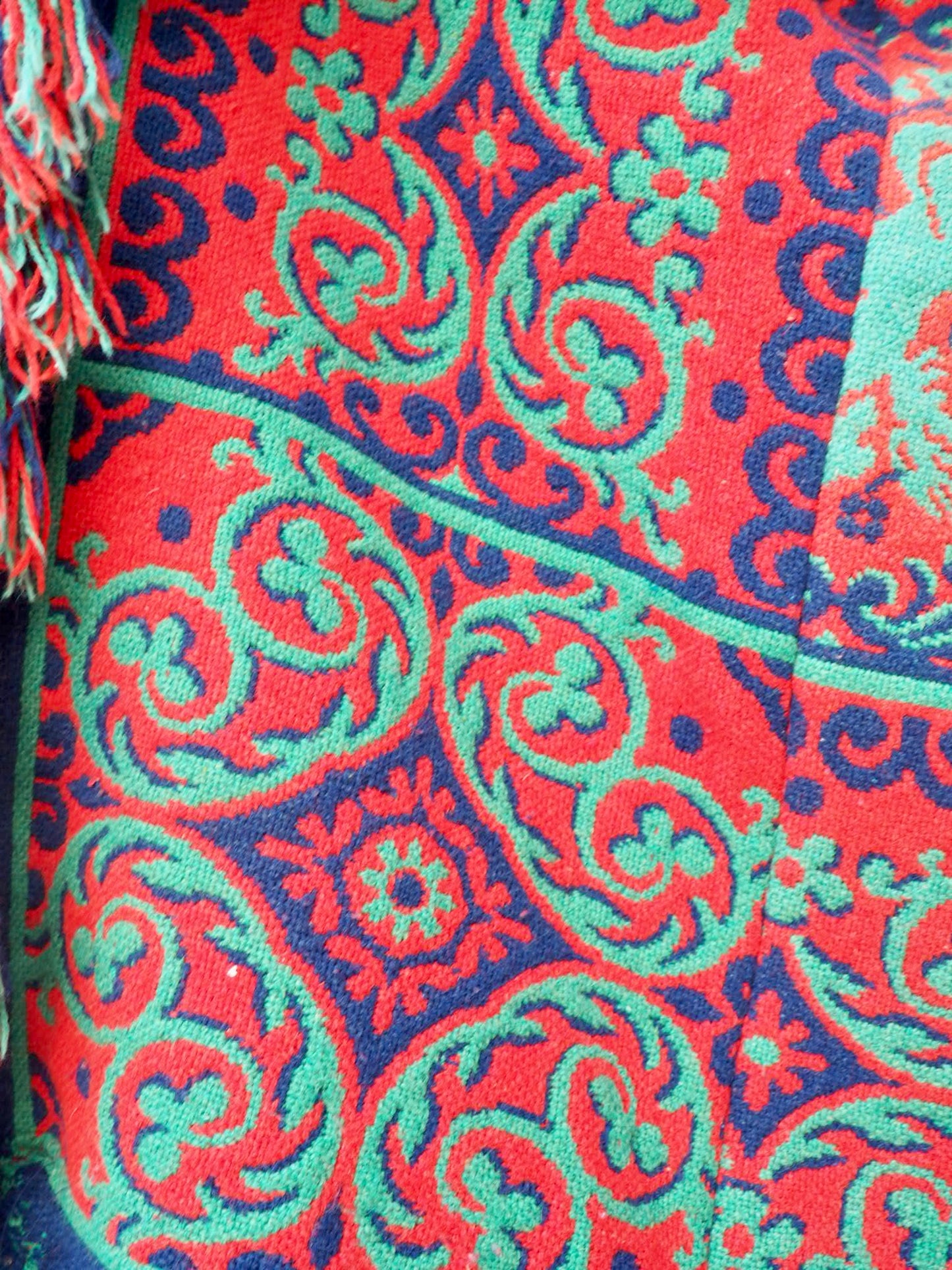 Amazing one off a kind woven tapestry jacket with oversize tassels trimming up-cycled jacket made by Vagabond Ibiza