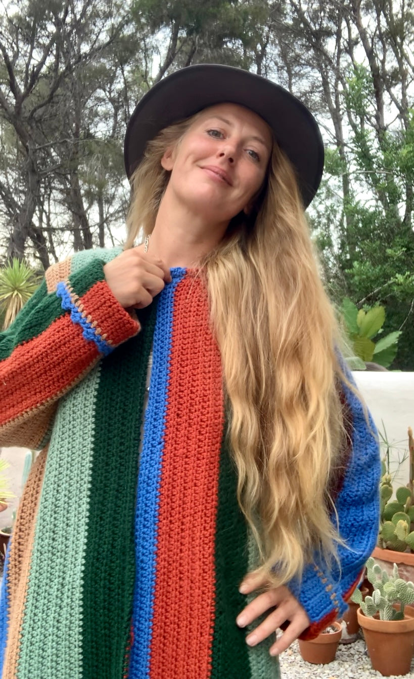 Hand made cotton and wool crochet blanket  jacket Up-cycled by Vagabond Ibiza with earthy brown green and blue striped design.