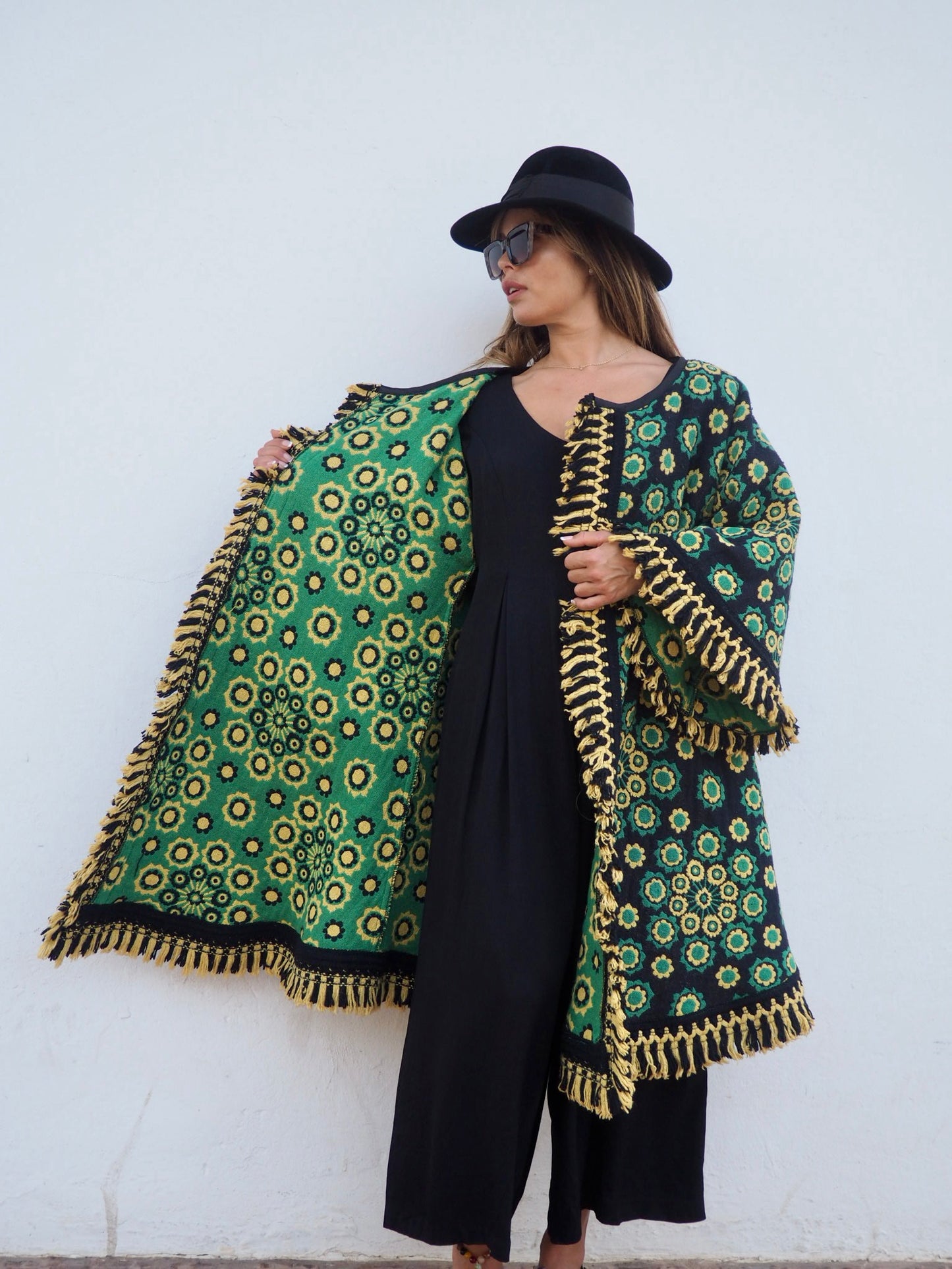 Stunning vintage 1970’s black and green tapestry jacket cut on the bias with bell sleeves made by Vagabond Ibiza