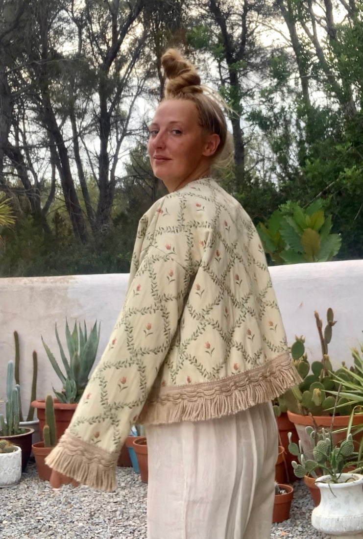 Vintage Up-cycled curtain jacket with floral detail on a woven cream fabric made by Vagabond Ibiza.