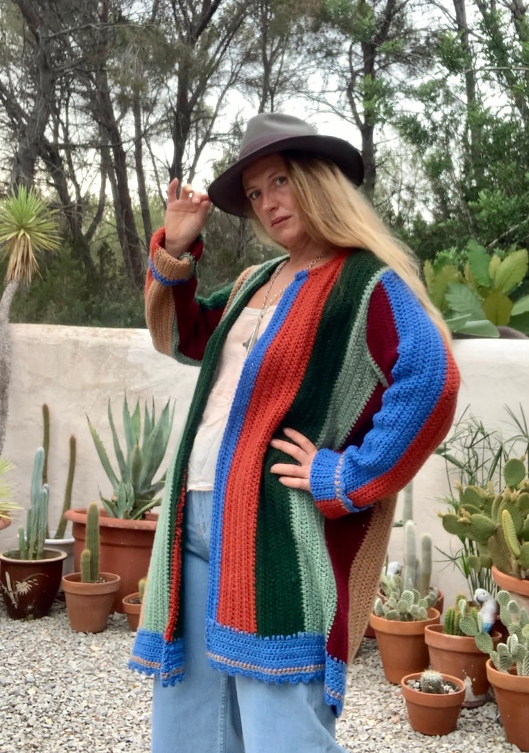 Hand made cotton and wool crochet blanket  jacket Up-cycled by Vagabond Ibiza with earthy brown green and blue striped design.