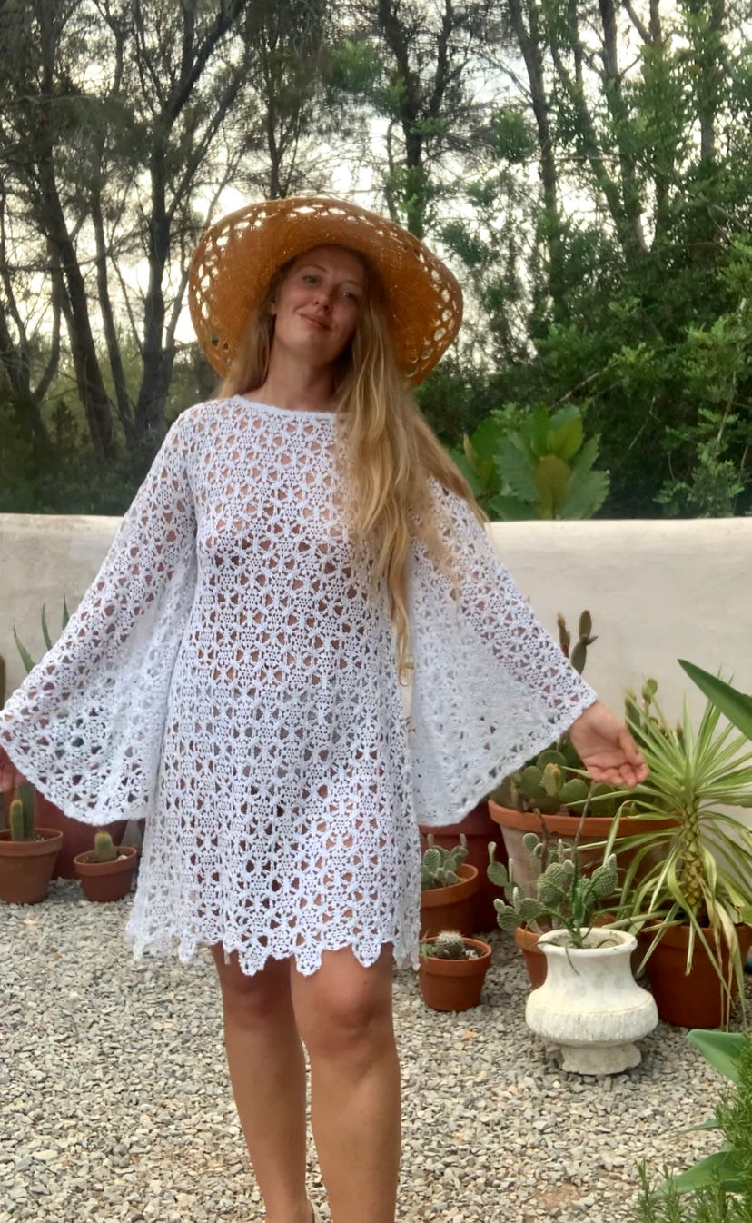 Very cool vintage white crochet oversized bell sleeve dress up-cycled by Vagabond Ibiza