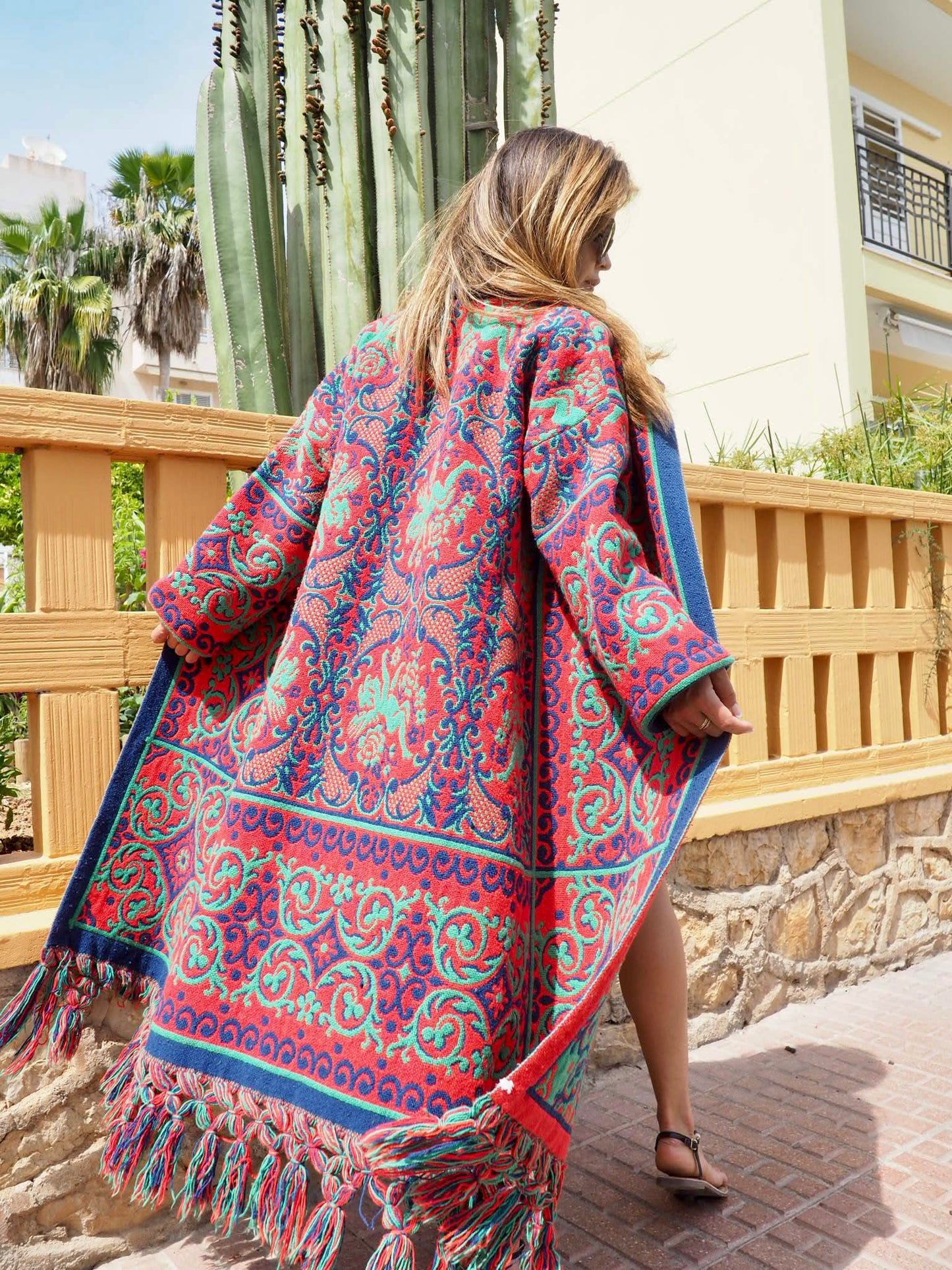 Amazing one off a kind woven tapestry jacket with oversize tassels trimming up-cycled jacket made by Vagabond Ibiza