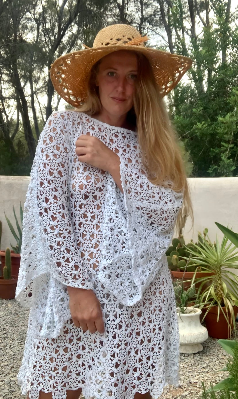 Very cool vintage white crochet oversized bell sleeve dress up-cycled by Vagabond Ibiza