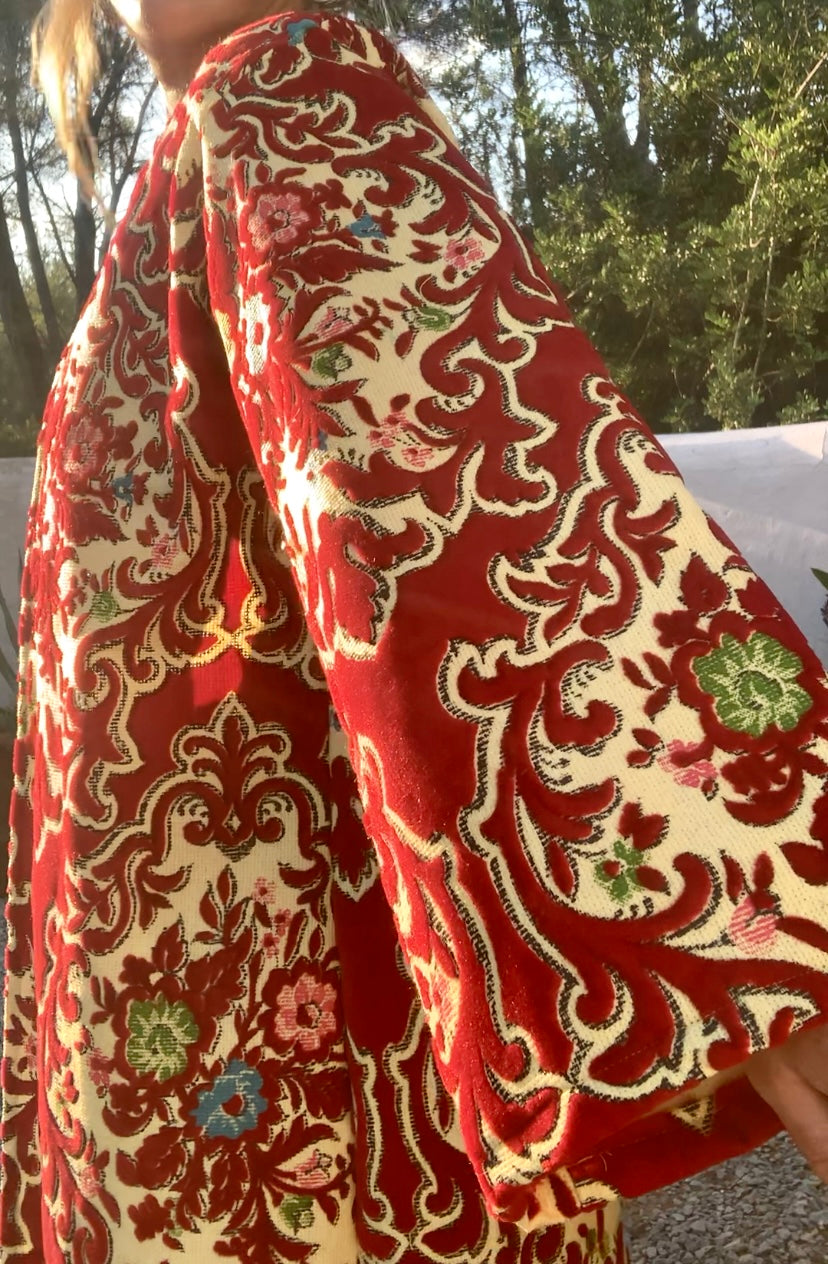 Vintage red and pastel yellow textiles with a burnet out devore Damascus pattern on the velvets pile very special textiles with tassel trim