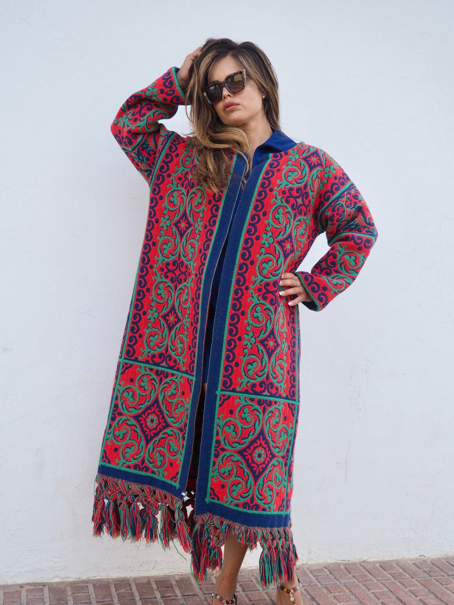 Amazing one off a kind woven tapestry jacket with oversize tassels trimming up-cycled jacket made by Vagabond Ibiza