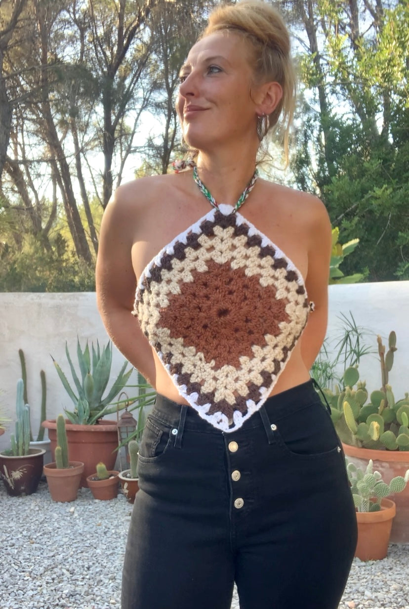 Vintage wool oversized granny square wool tie tops perfect for festivals party and summer time wear over a white shirt in winter