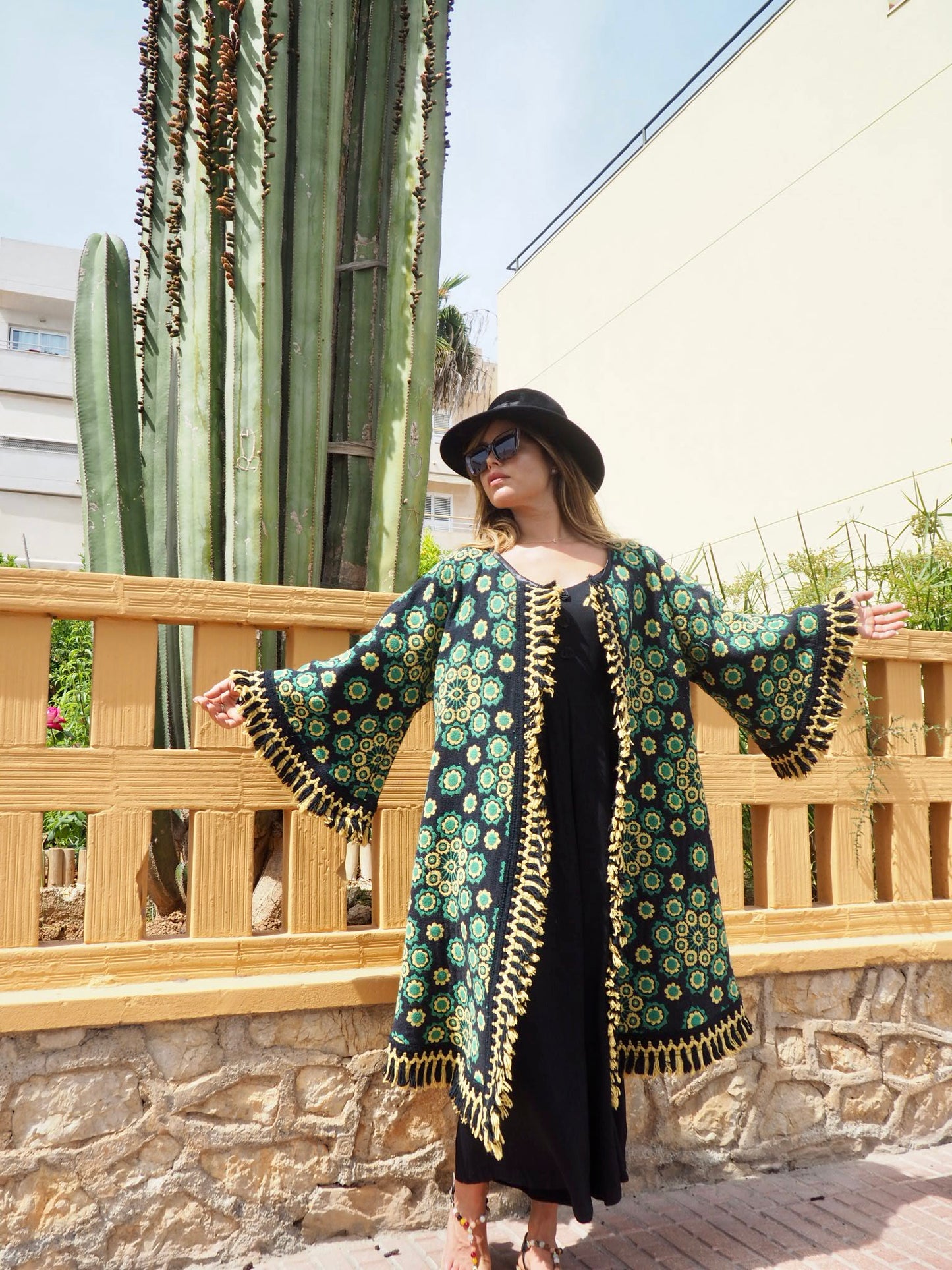 Stunning vintage 1970’s black and green tapestry jacket cut on the bias with bell sleeves made by Vagabond Ibiza