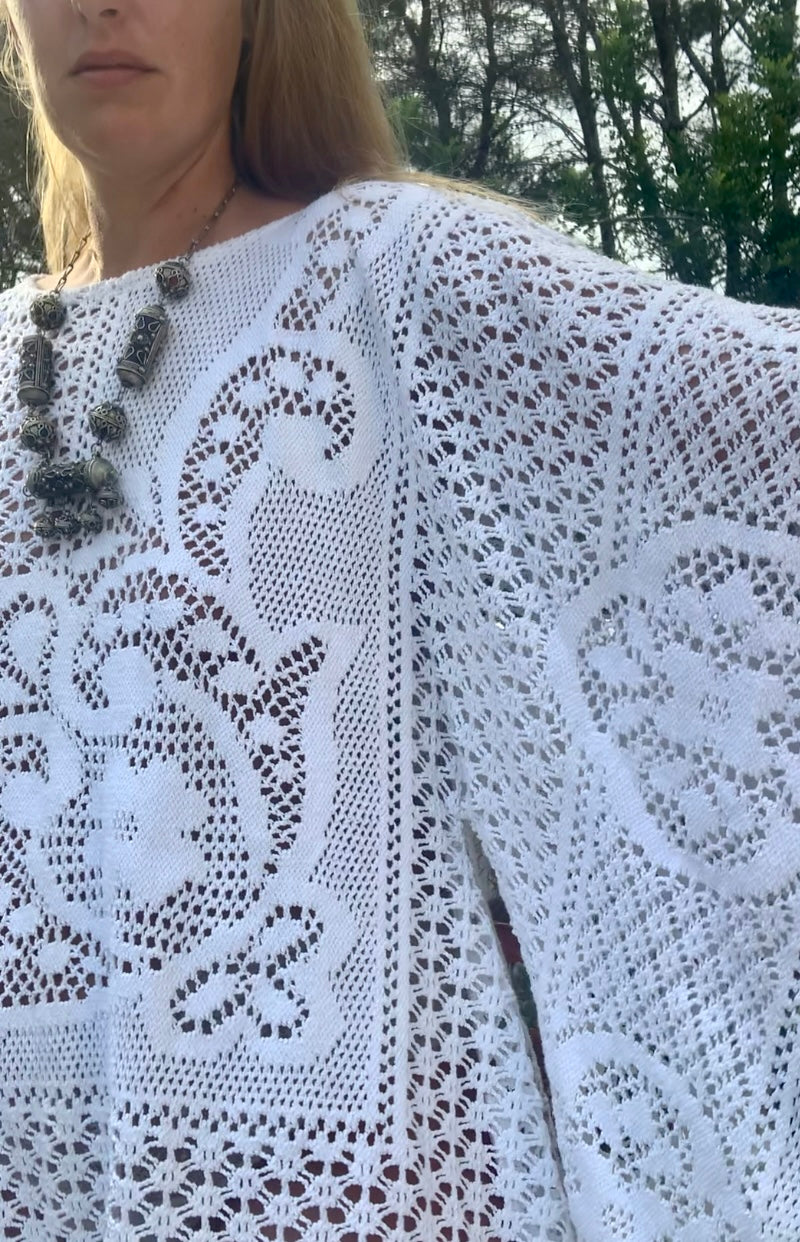 Vintage white handmade crochet lace short bell sleeve dress up-cycled by Vagabond Ibiza