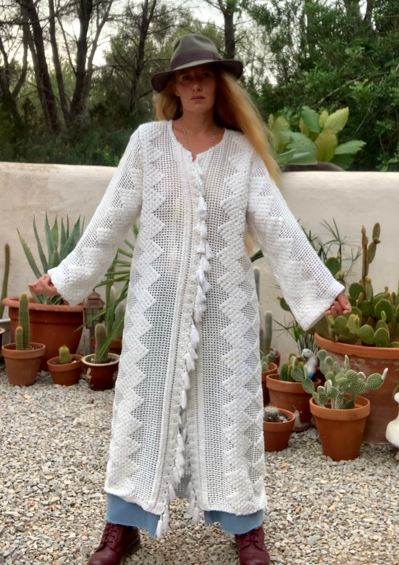 Vintage white crochet jacket with tásales up-cycled by Vagabond Ibiza
