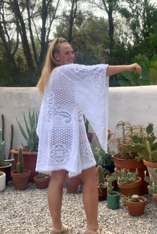 Vintage white handmade crochet lace short bell sleeve dress up-cycled by Vagabond Ibiza