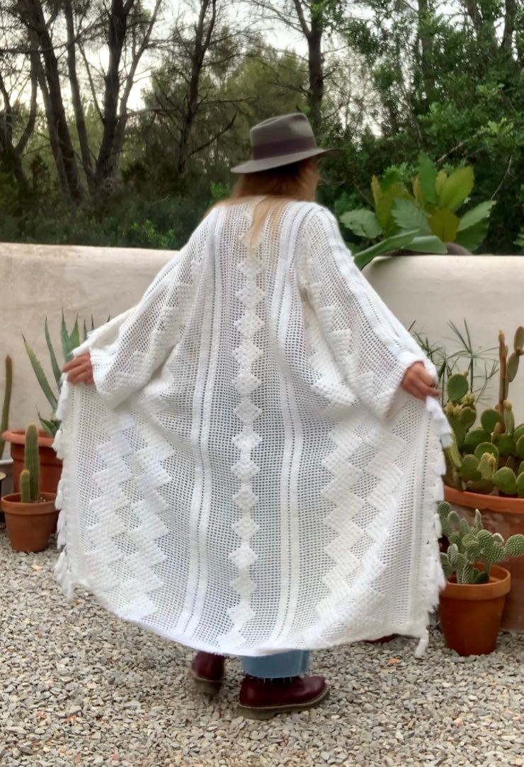 Vintage white crochet jacket with tásales up-cycled by Vagabond Ibiza