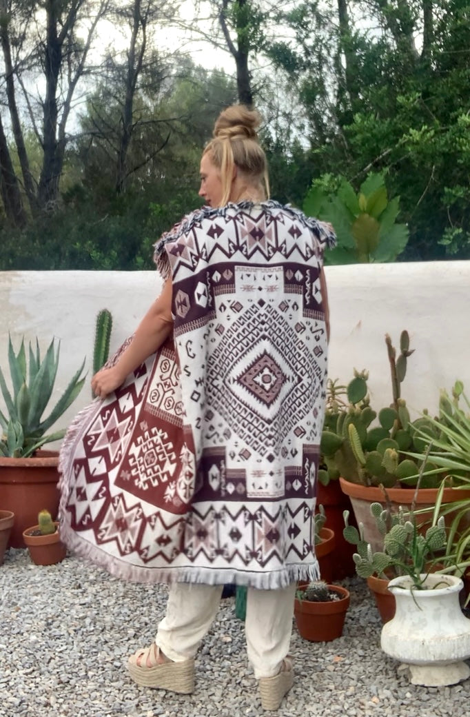White and brown cotton long Aztec design blanket waistcoat/jackets up-cycled by Vagabond Ibiza.