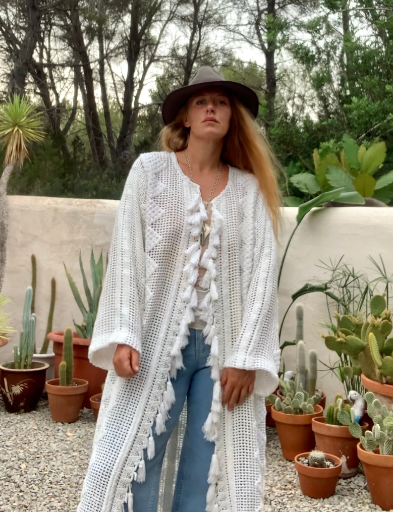 Vintage white crochet jacket with tásales up-cycled by Vagabond Ibiza