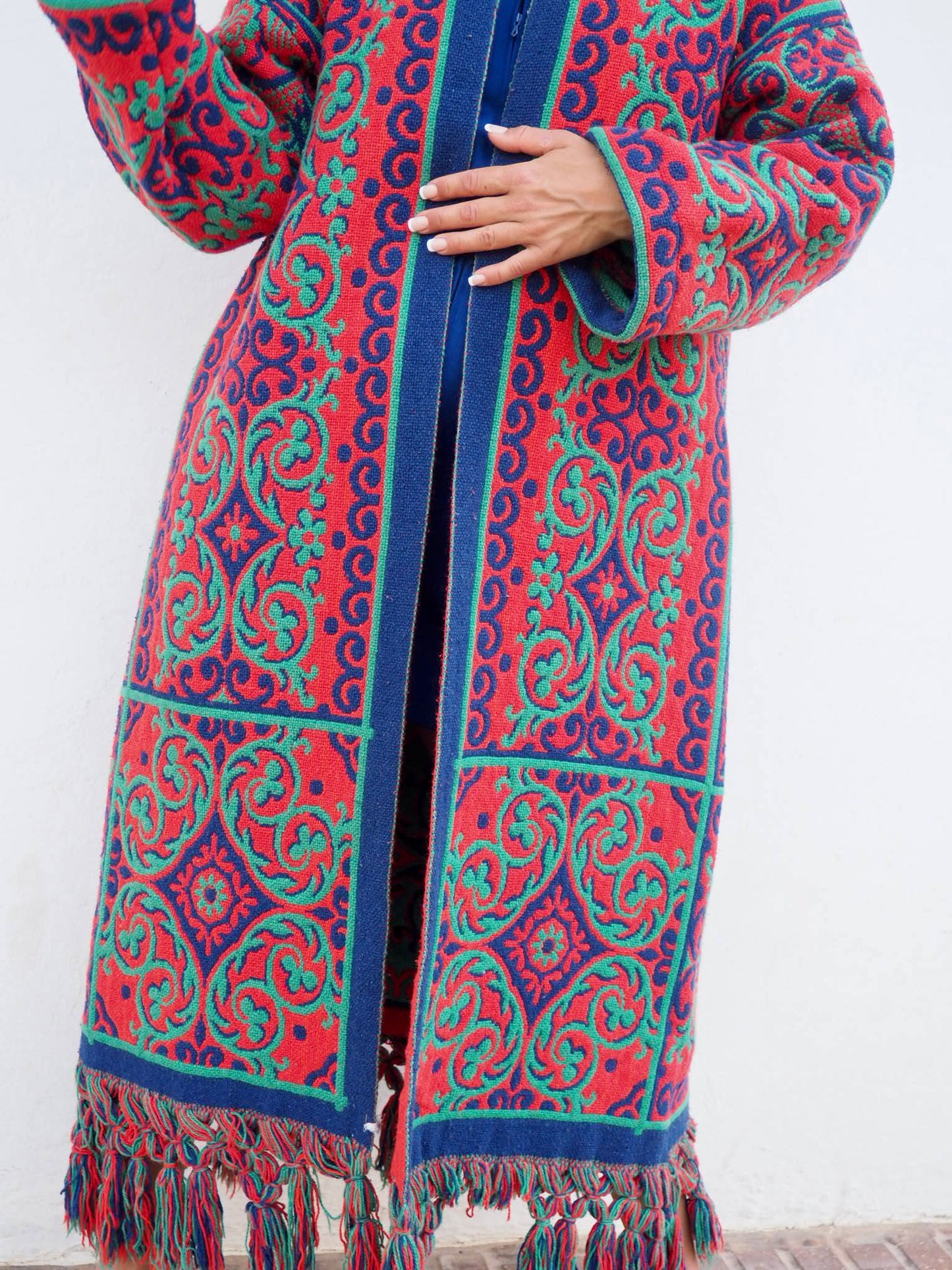 Amazing one off a kind woven tapestry jacket with oversize tassels trimming up-cycled jacket made by Vagabond Ibiza
