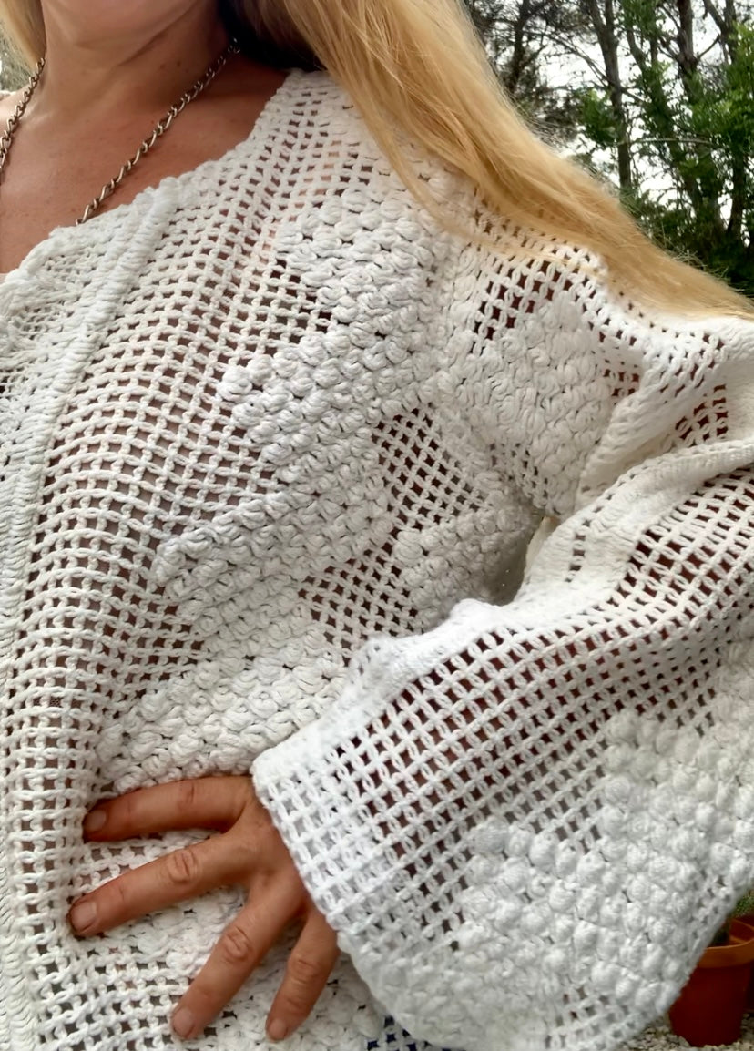 Vintage white crochet jacket with tásales up-cycled by Vagabond Ibiza