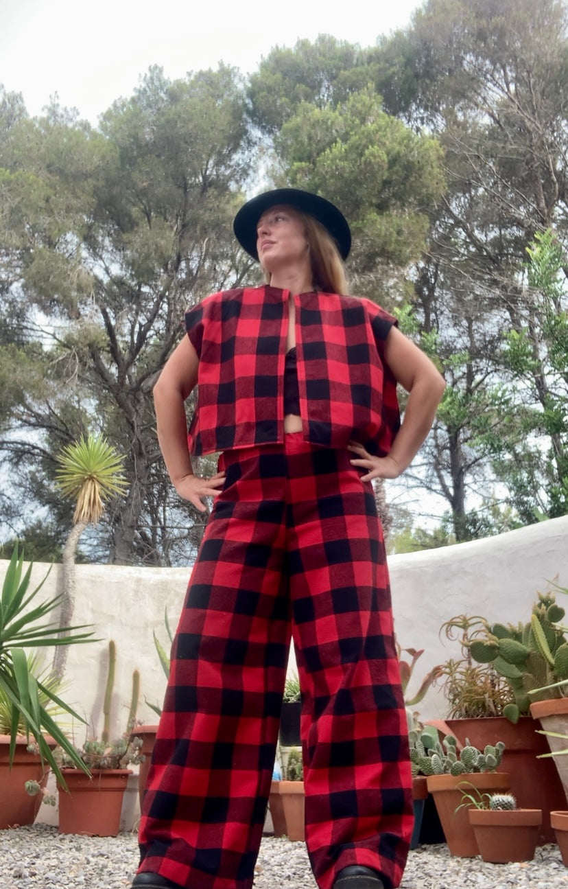 Red and black check vintage dead stock fabric Wide leg pants made by Vagabond Ibiza