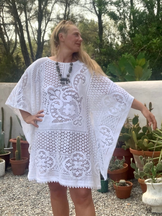 Vintage white handmade crochet lace short bell sleeve dress up-cycled by Vagabond Ibiza