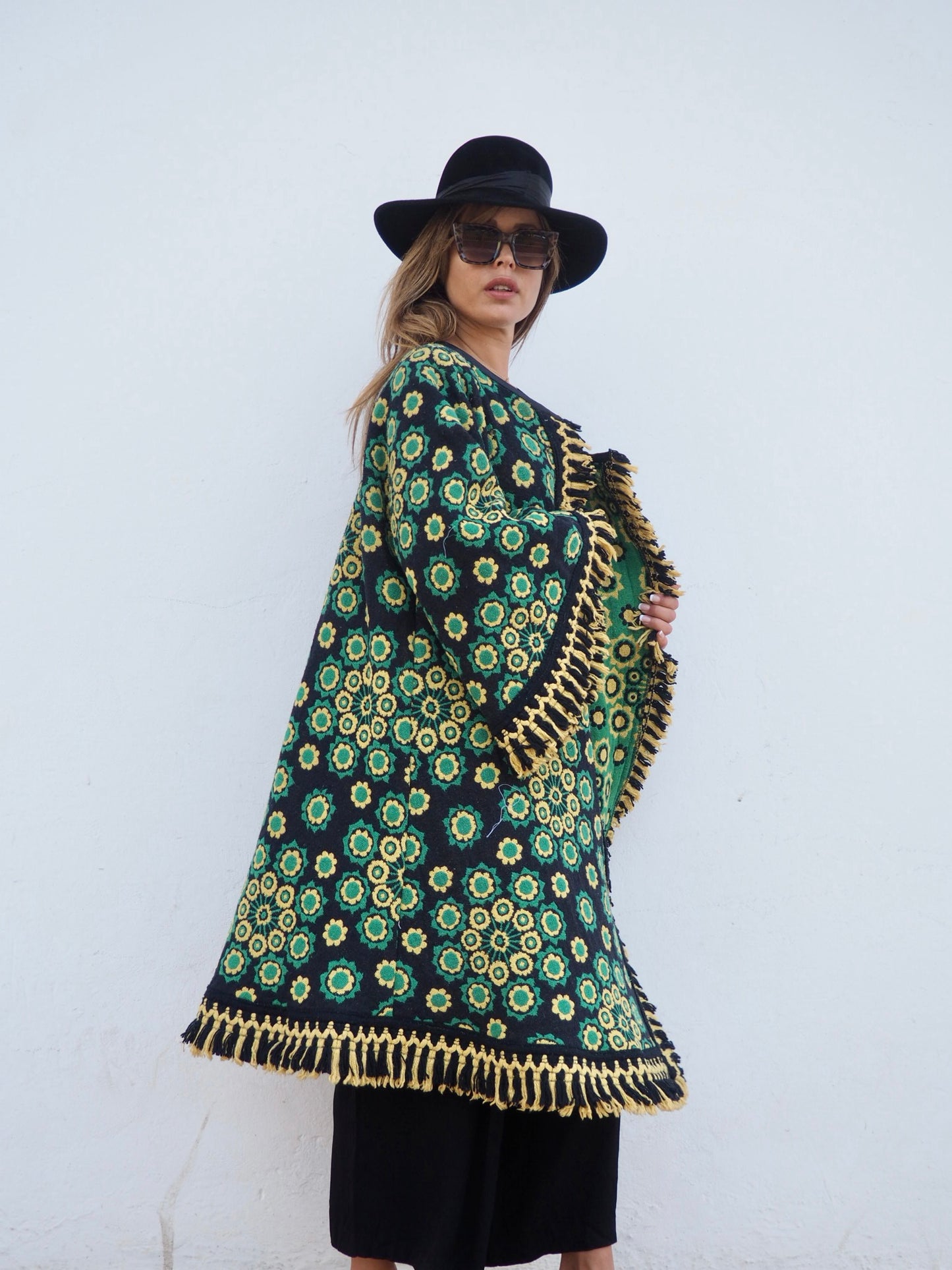 Stunning vintage 1970’s black and green tapestry jacket cut on the bias with bell sleeves made by Vagabond Ibiza