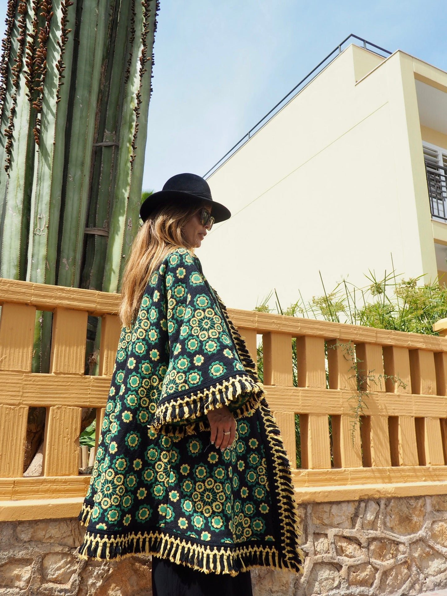Stunning vintage 1970’s black and green tapestry jacket cut on the bias with bell sleeves made by Vagabond Ibiza