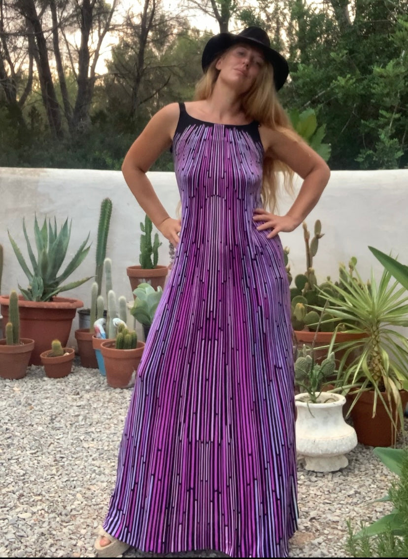 Original vintage 1970’s black and purple striped geometric design maxi dress
