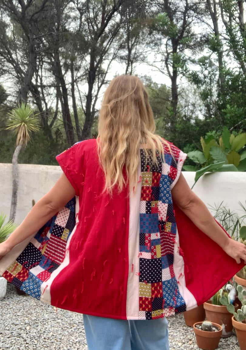 Patchwork cotton quilted blanket waistcoat jacket up-cycled by Vagabond Ibiza with red and blue design
