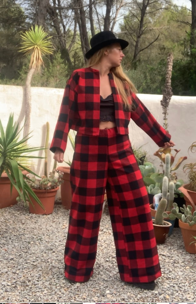 Red and black check vintage dead stock fabric Wide leg pants made by Vagabond Ibiza