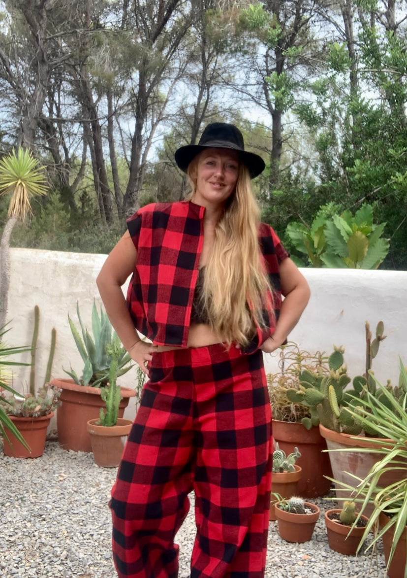 Red and black checked cropped waistcoat jacket made by Vagabond Ibiza from dead stock vintage textiles