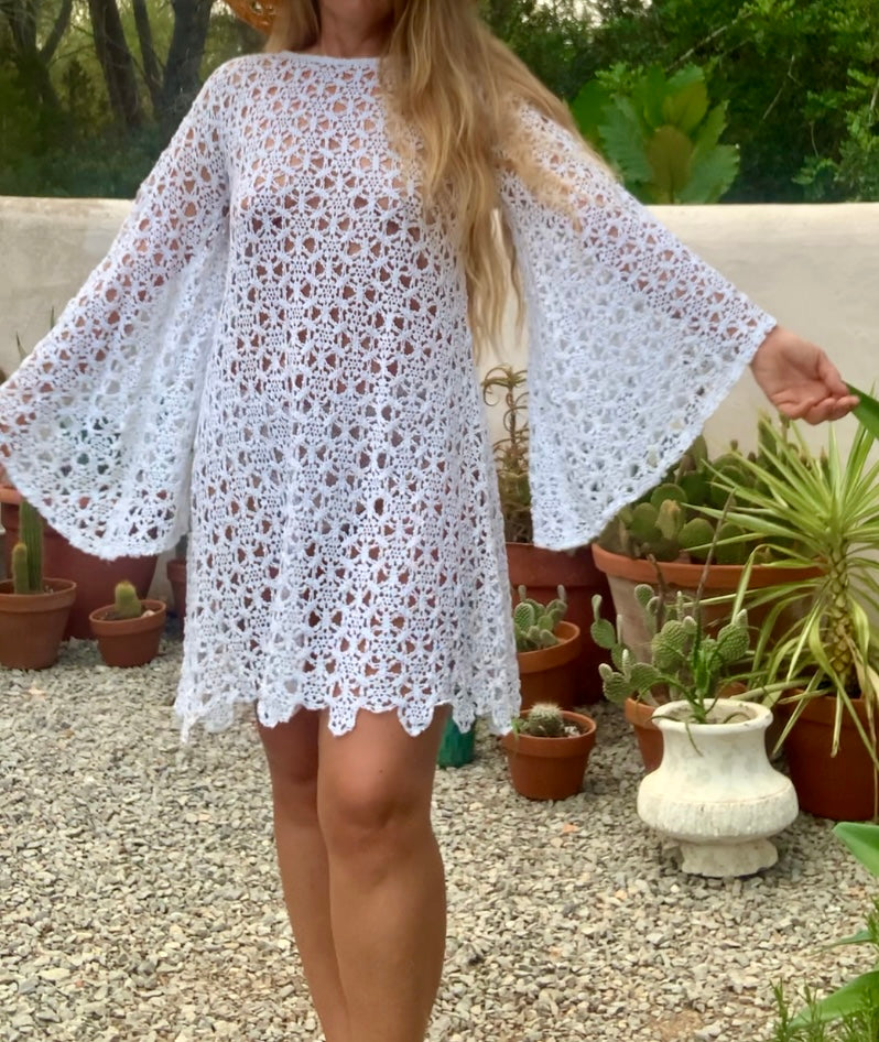 Very cool vintage white crochet oversized bell sleeve dress up-cycled by Vagabond Ibiza