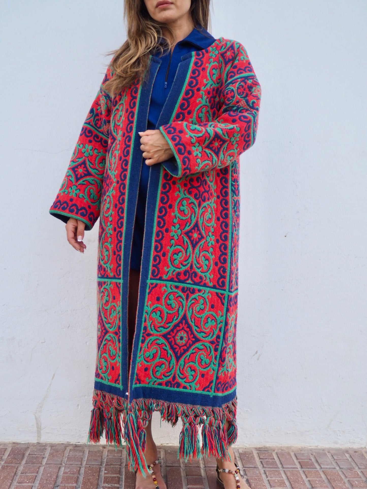 Amazing one off a kind woven tapestry jacket with oversize tassels trimming up-cycled jacket made by Vagabond Ibiza