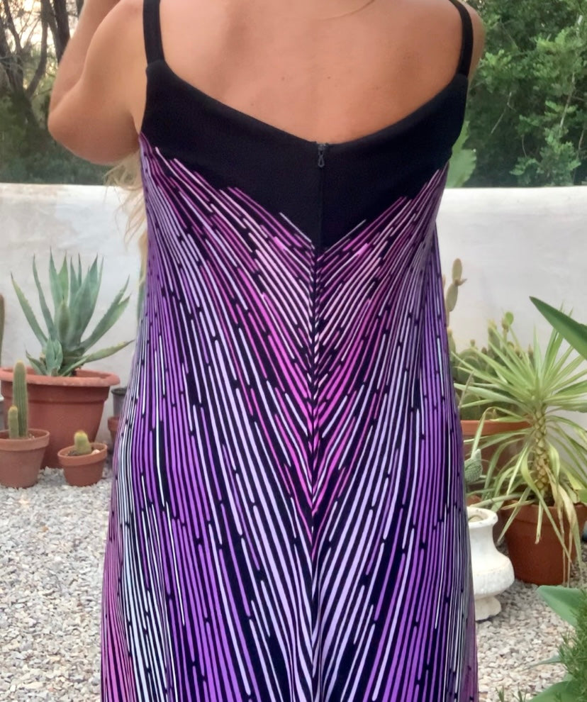 Original vintage 1970’s black and purple striped geometric design maxi dress