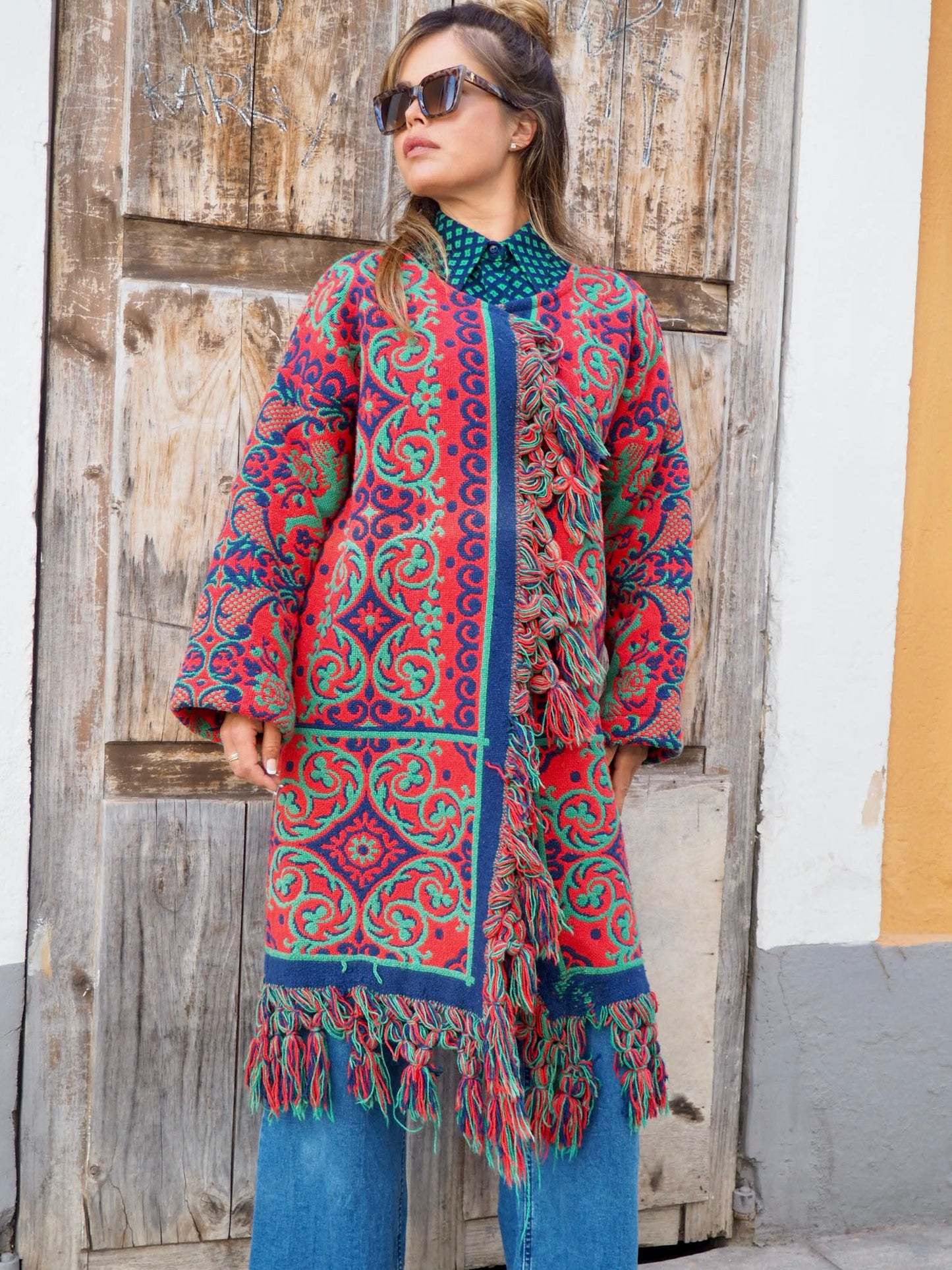 Amazing one off a kind woven tapestry jacket with oversize tassels trimming up-cycled jacket made by Vagabond Ibiza