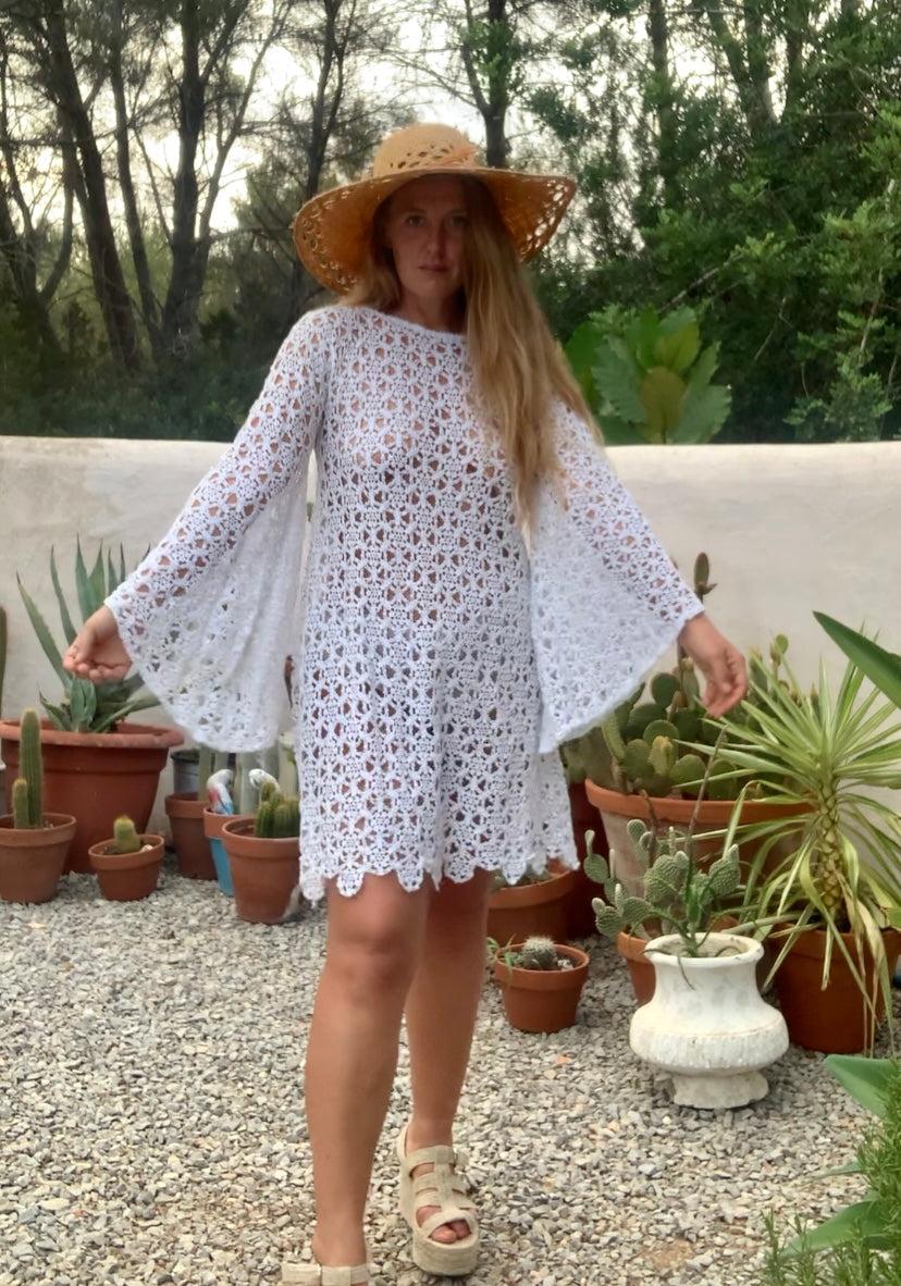 Very cool vintage white crochet oversized bell sleeve dress up-cycled by Vagabond Ibiza