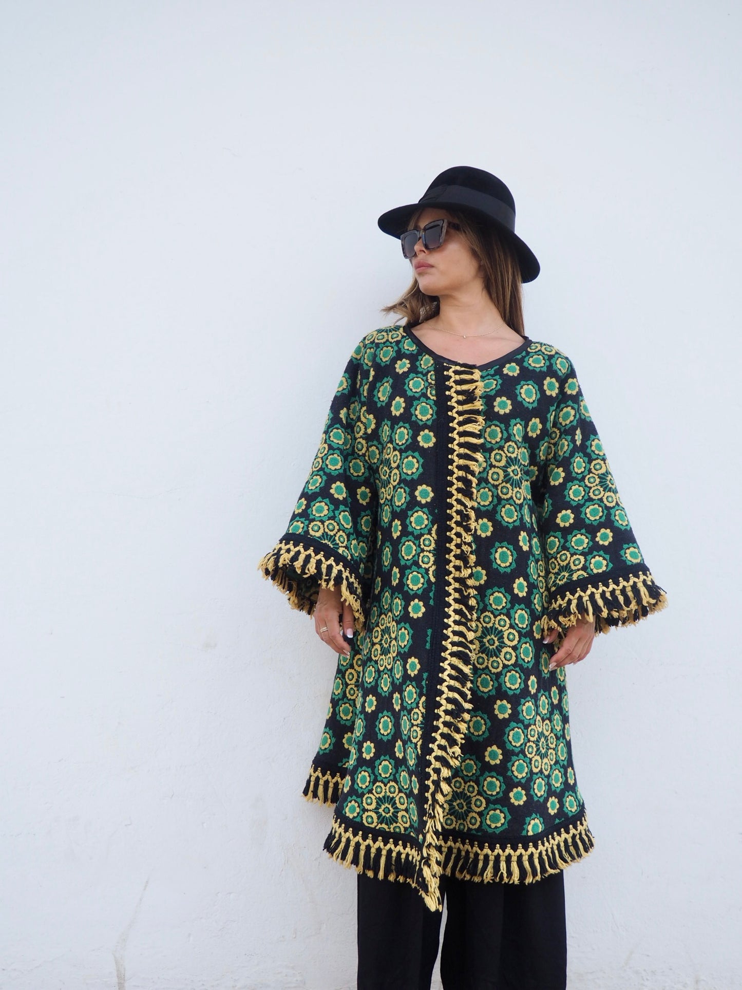 Stunning vintage 1970’s black and green tapestry jacket cut on the bias with bell sleeves made by Vagabond Ibiza