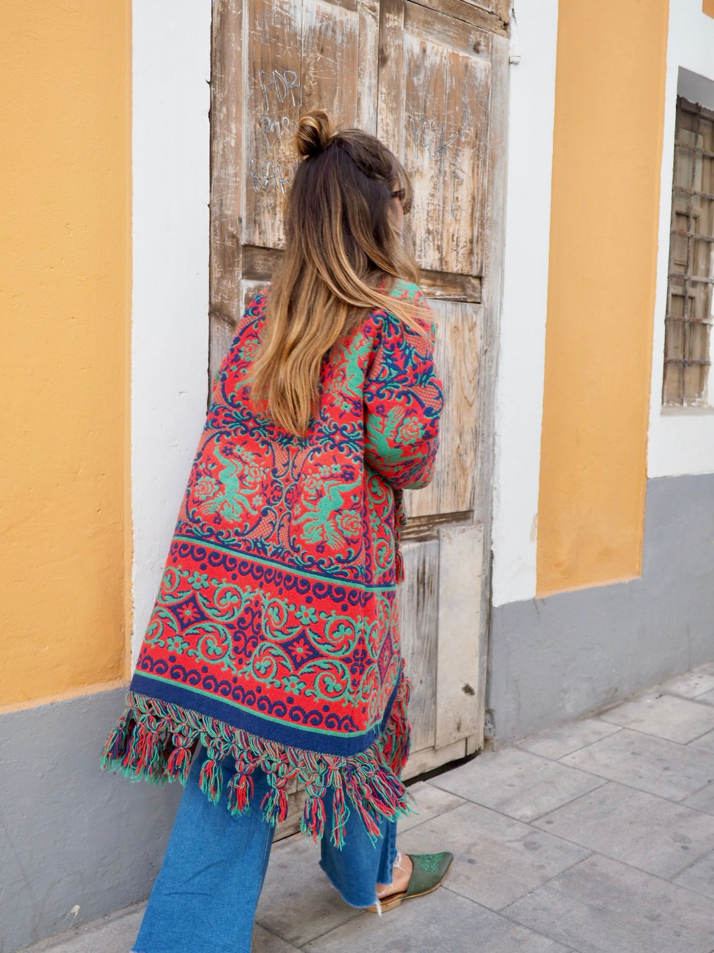 Amazing one off a kind woven tapestry jacket with oversize tassels trimming up-cycled jacket made by Vagabond Ibiza