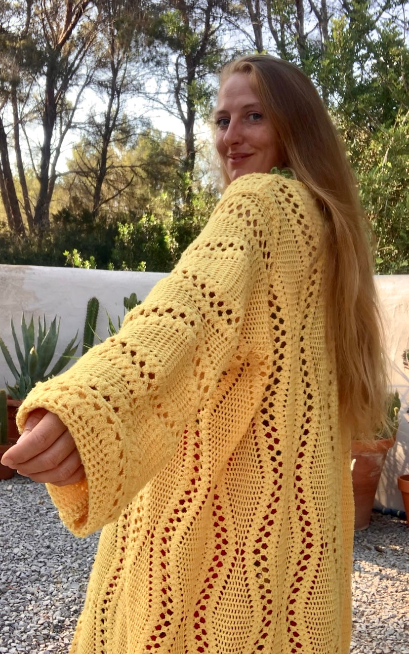 Vintage bright yellow handmade crochet blanket jacket up-cycled by Vagabond Ibiza.