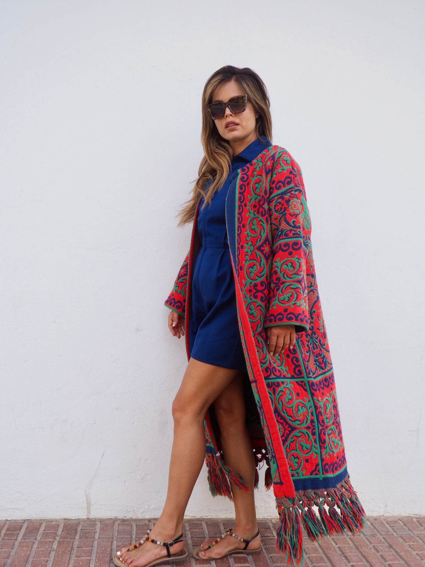 Amazing one off a kind woven tapestry jacket with oversize tassels trimming up-cycled jacket made by Vagabond Ibiza