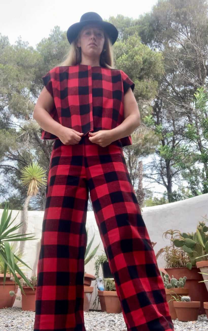Red and black check vintage dead stock fabric Wide leg pants made by Vagabond Ibiza