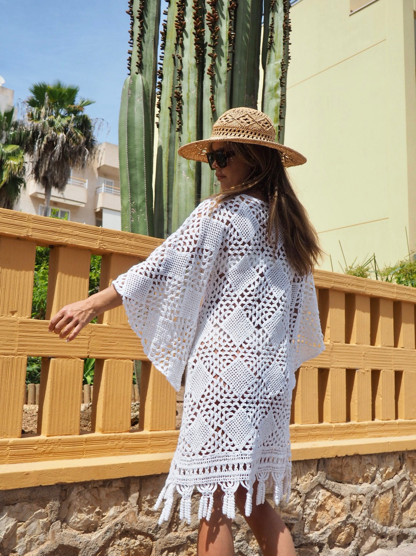 Vintage white crochet textiles up-cycled bell sleeve short dress made by Vagabond Ibiza