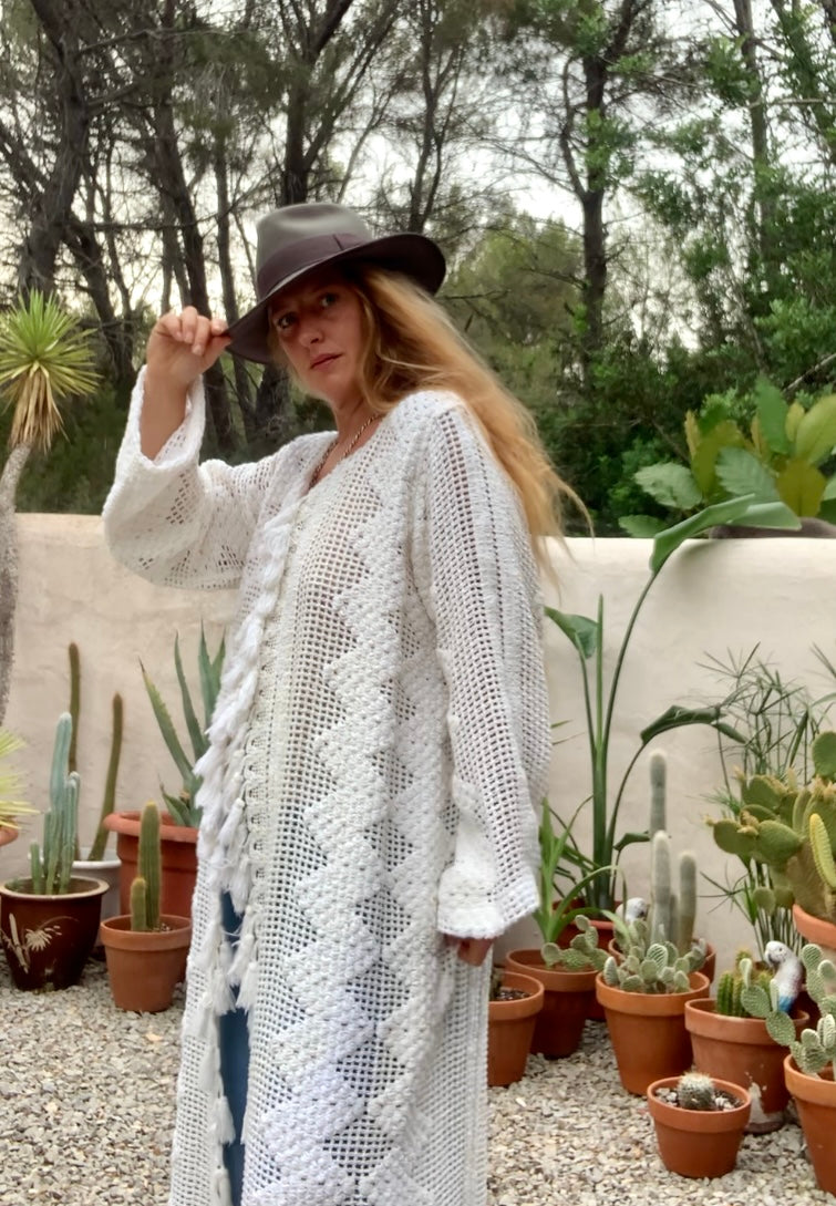 Vintage white crochet jacket with tásales up-cycled by Vagabond Ibiza