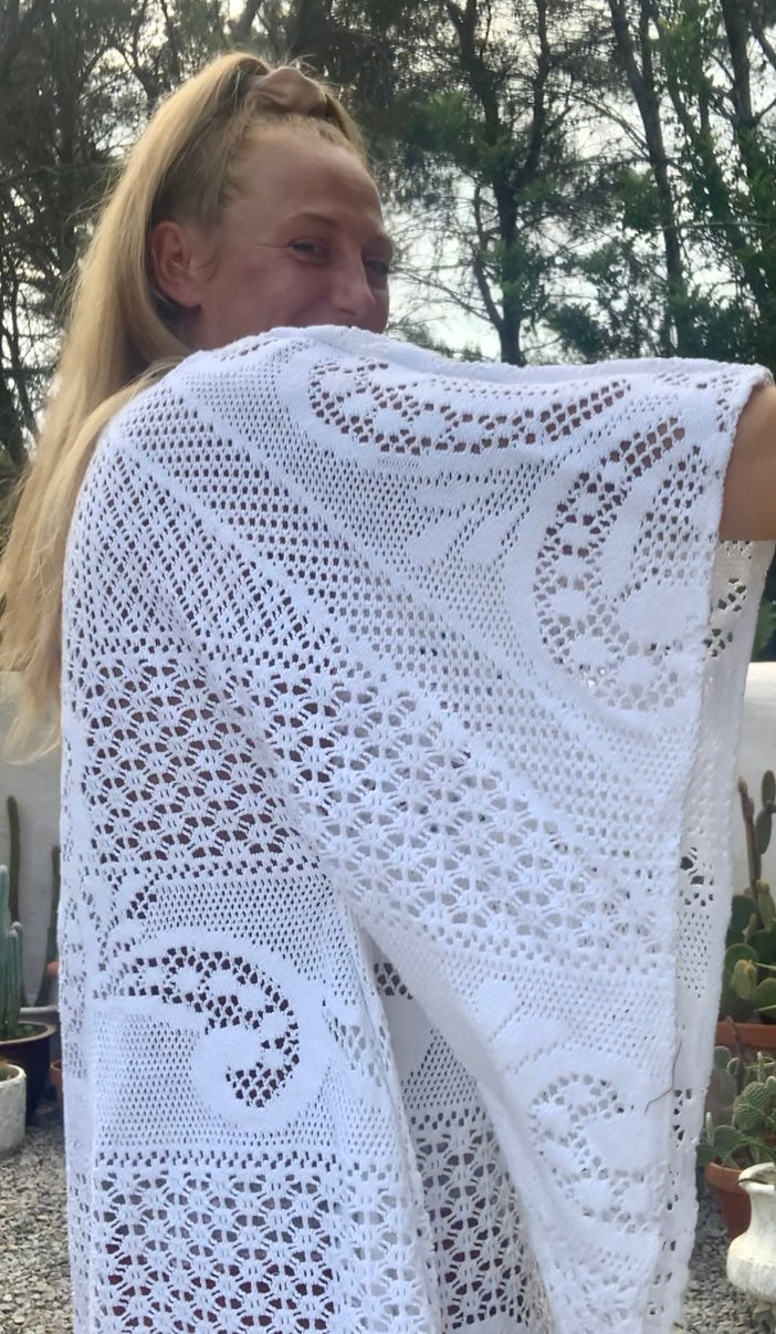 Vintage white handmade crochet lace short bell sleeve dress up-cycled by Vagabond Ibiza