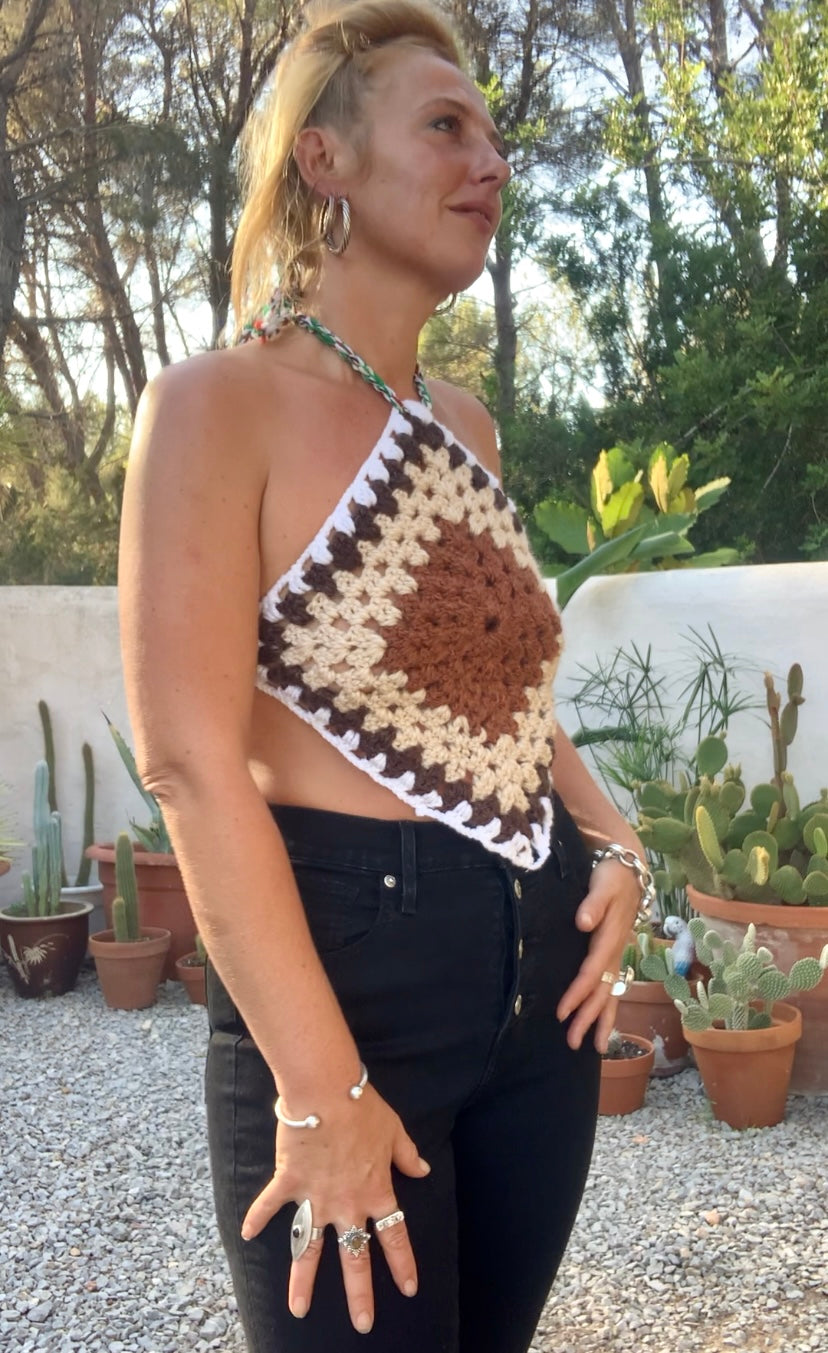 Vintage wool oversized granny square wool tie tops perfect for festivals party and summer time wear over a white shirt in winter