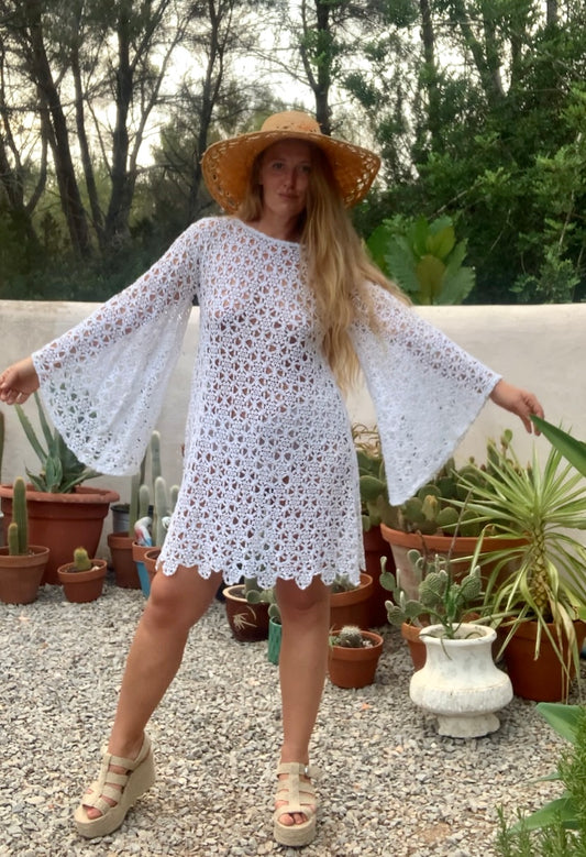 Very cool vintage white crochet oversized bell sleeve dress up-cycled by Vagabond Ibiza